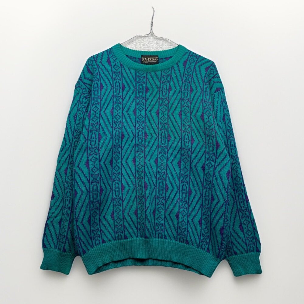 VTG Capricorn Crewneck Knit Grandpa Sweater Men Sz M Psychedelic's Geometric AOP